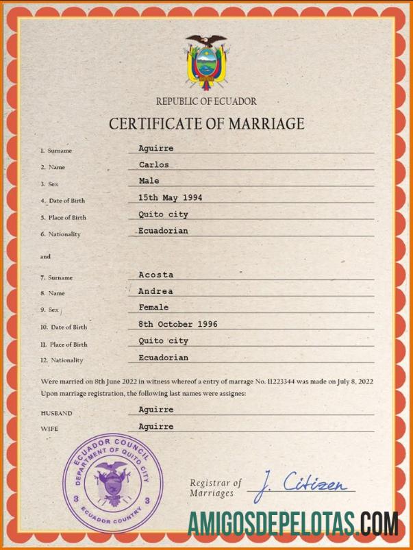 Em branco modelo PSD de certidão de casamento do Equador